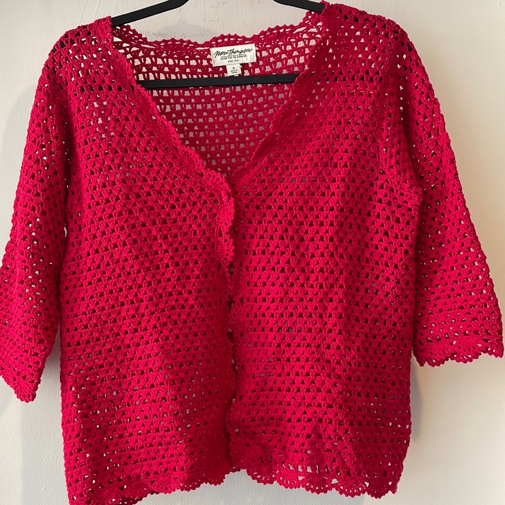 Vintage Norm Thompson Shrug Cardigan Red Crochet Style Cover Up Sweater Small